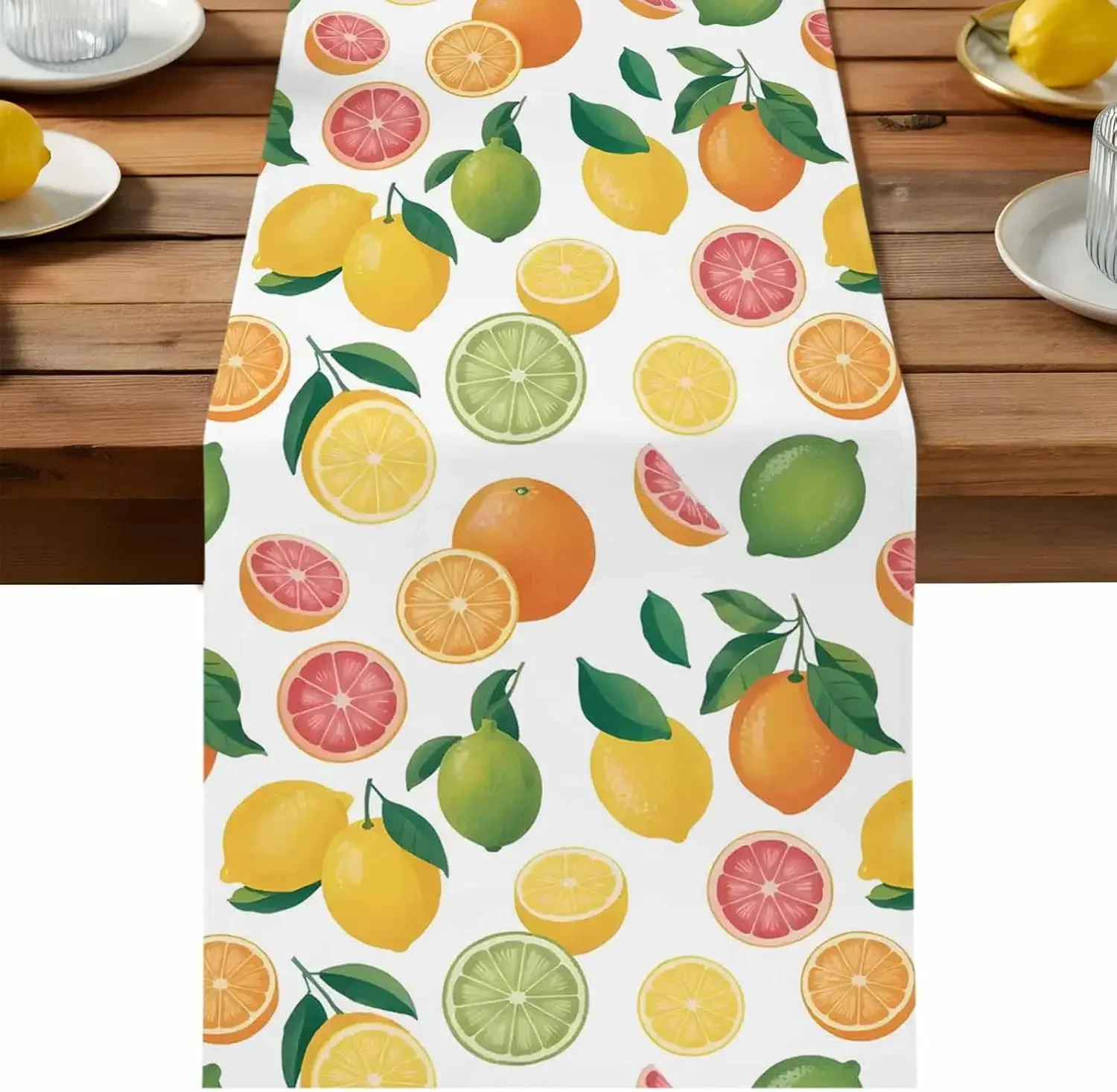 1Pc Citrus Fruit Pattern Table Runner White Lemon Orange Grapefruit Print Table Cover For Kitchen Dining Party Decoration Tablet
