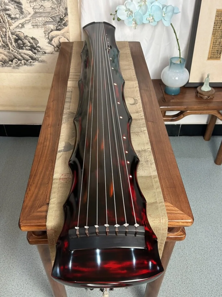 Bamboo Joint Style Guqin Old Chinese Fir Pure Raw Lacquer Cinnabar Red 7 Strings Traditional Chinese Stringed Musical Instrument