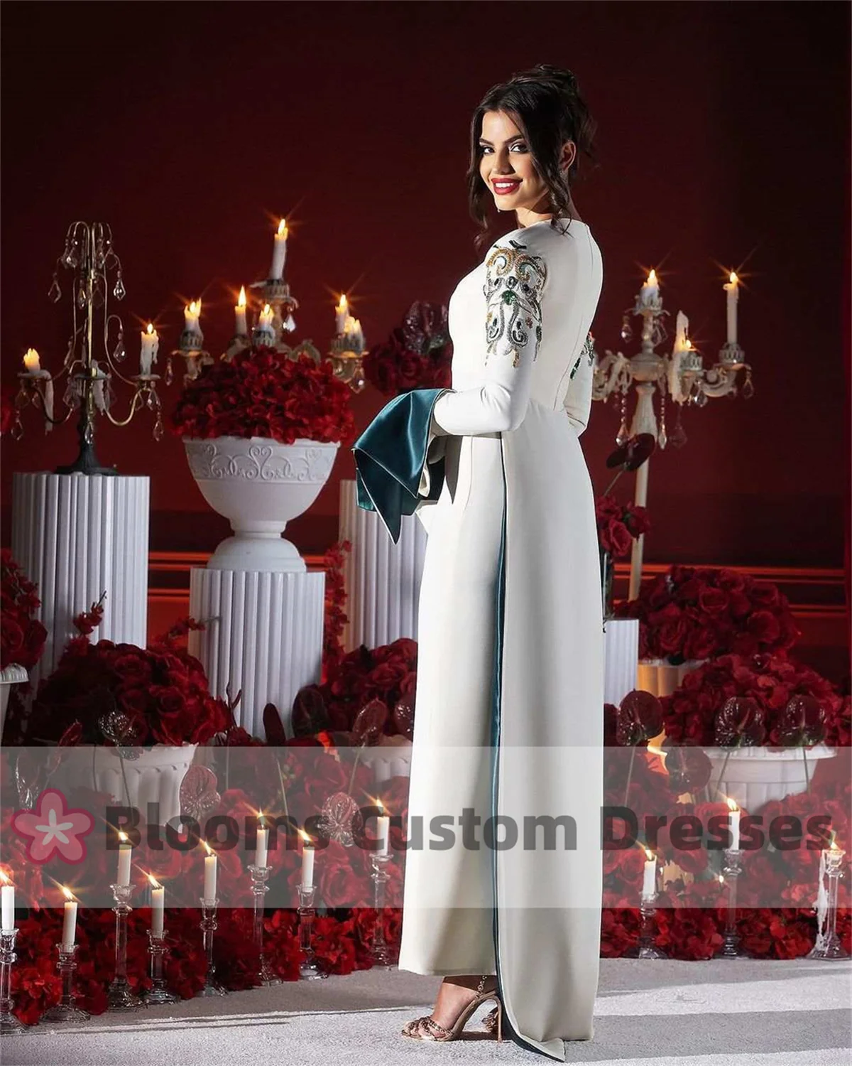 Blooms Customized Contrast Color Beaded Sequins Long Sleeves Evening Dress Back Train Crepe Formal Arabia Luxury Prom Dress