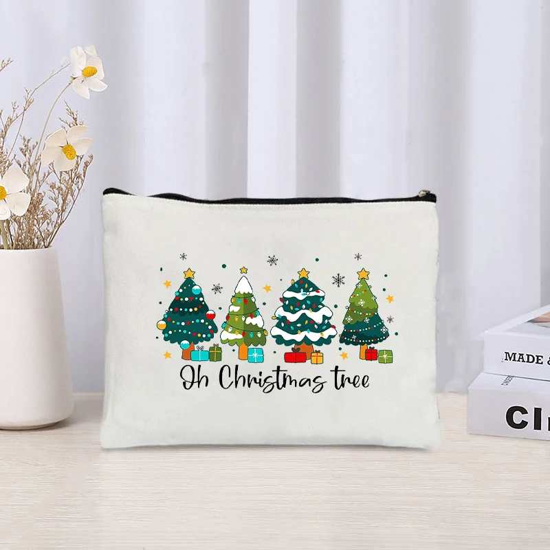 Santa Claus Tree Printed Canvas Cosmetic Bag Organizer Zipper Storage Pouch Office Supplies Pencil Case Halloween Christmas Gift