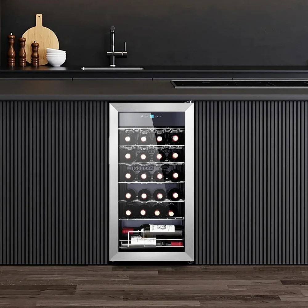 28 Bottle Wine Cooler 46-66℉ Beverage Wines Refrigerator, Glass Door Free Standing Mini Wines Cellar Aging Red, Sparkling Wine