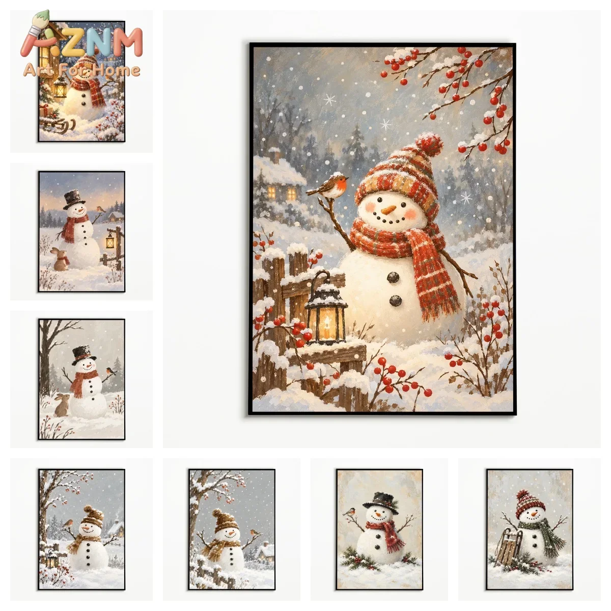 AZNM Vintage Snowman Canvas Wall Art Winter Snow Scene Robin Bird Lantern Xmas Print Painting Retro Christmas Holiday Poster for