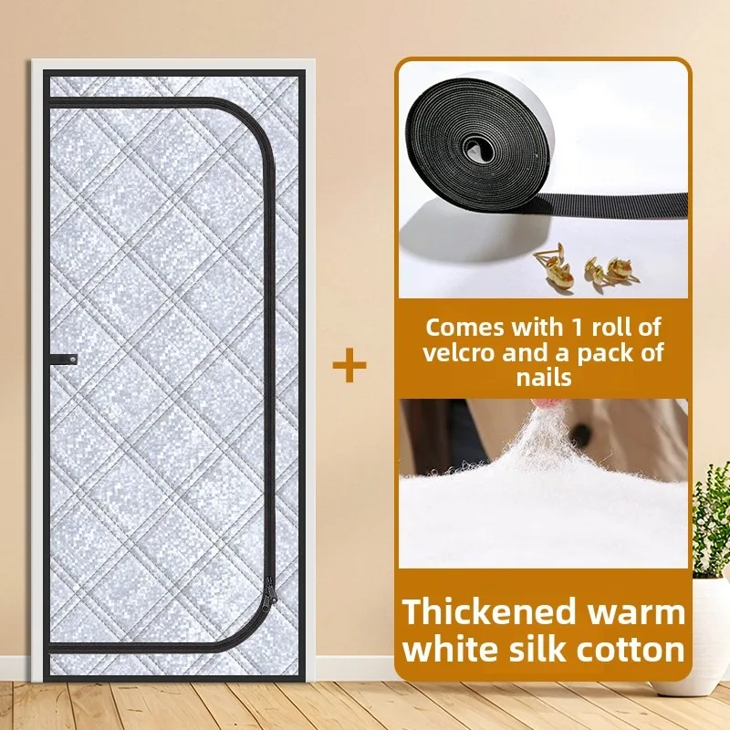 Nail-Free Winter Door Curtain Model D with Zipper, Oxford Fabric Aluminum Membrane Cotton Liner Wind Block Warm Divider Drape
