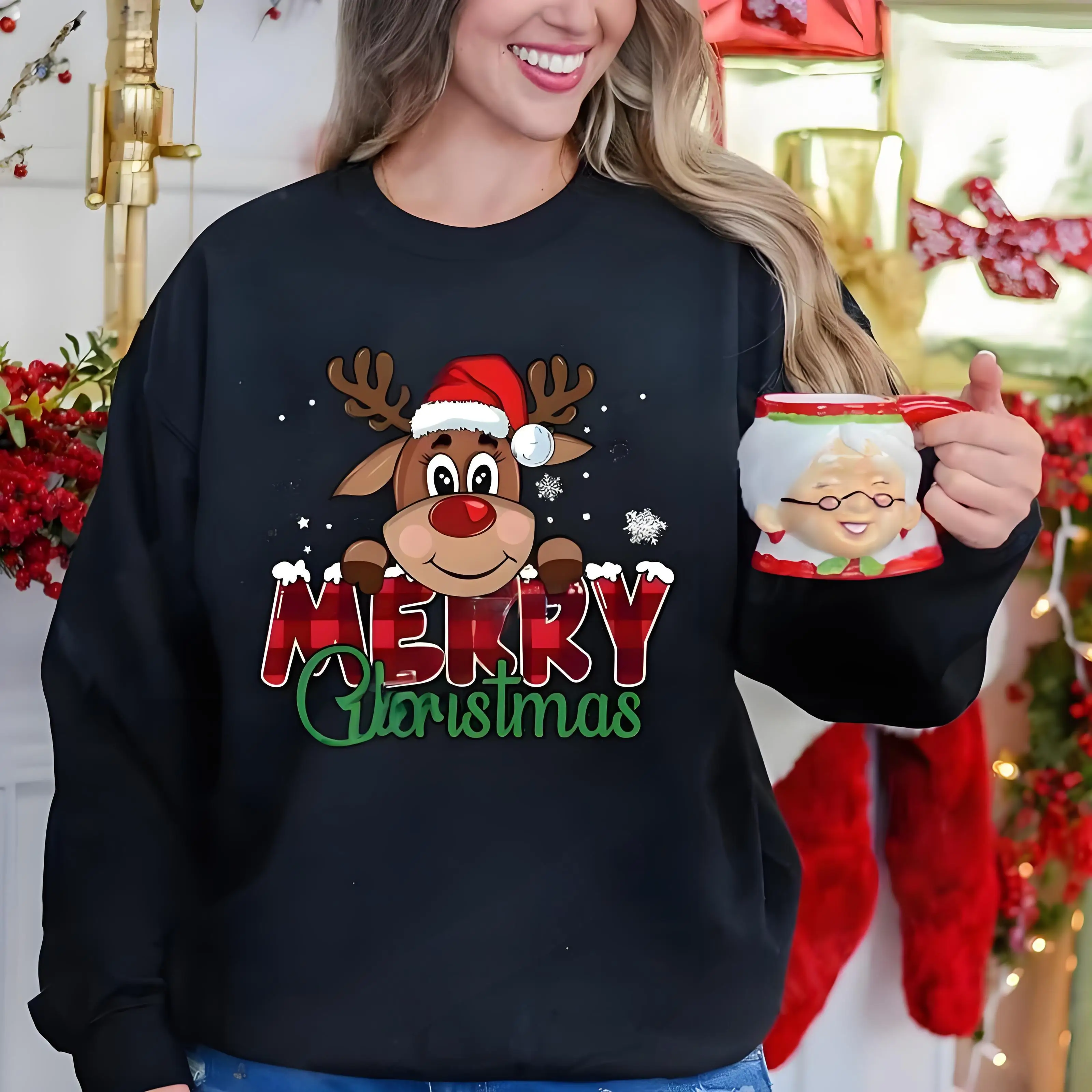  Women's Christmas Reindeer Plaid Pattern Hoodie Long Sleeve round Neck Sports Shirt Winter Leisure Outdoor Street Fashion tops