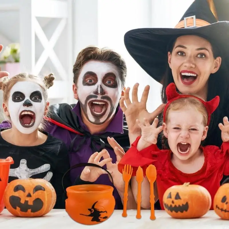 Conjunto talheres e balde doces para halloween, recipiente plástico para tratamento bruxa com alça para decoração