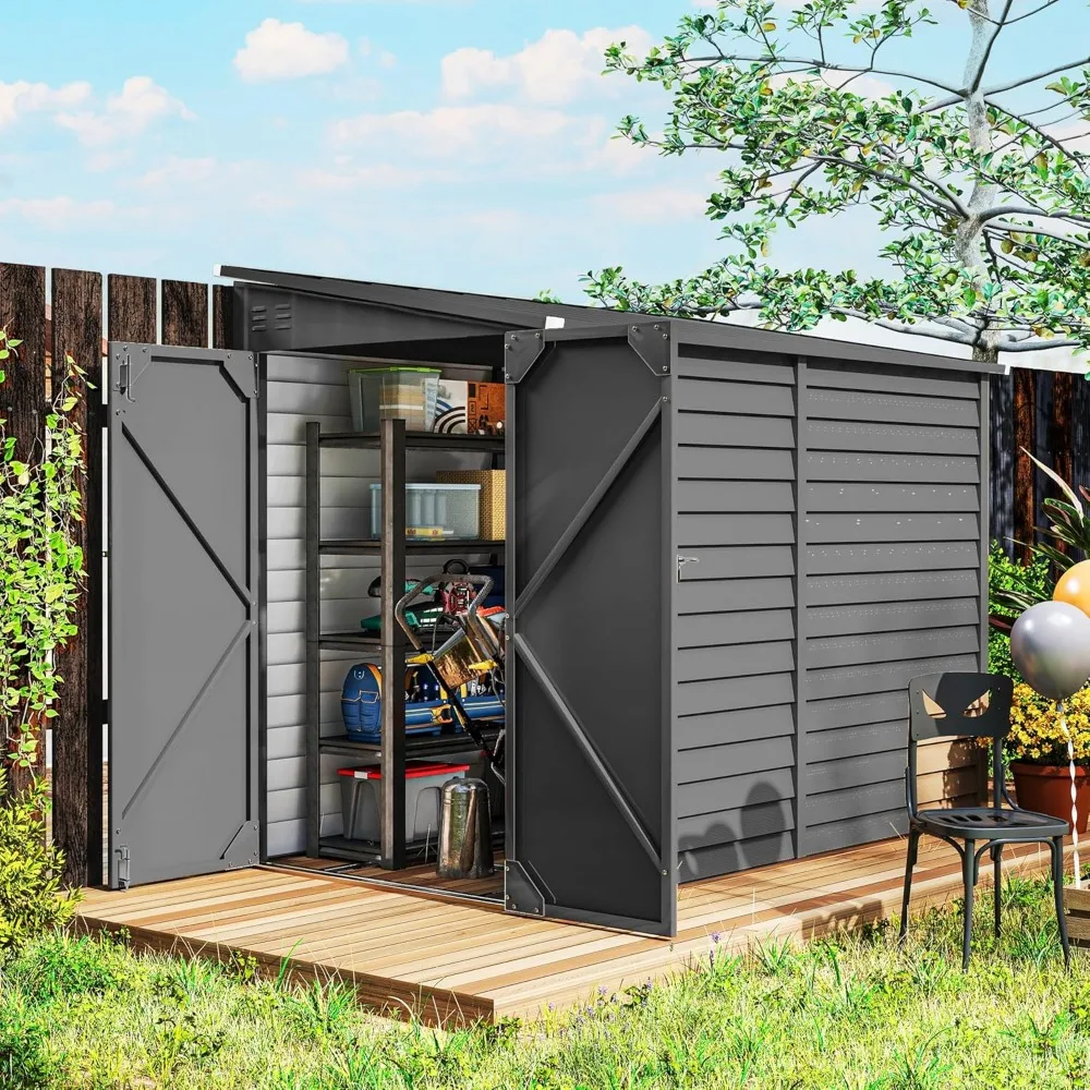 4.6' x 9' Steel Outdoor Storage Shed, Lean to Shed, Metal Tool House with Foundation Kit, Lockable Doors, Gloves and 2 Air Vents