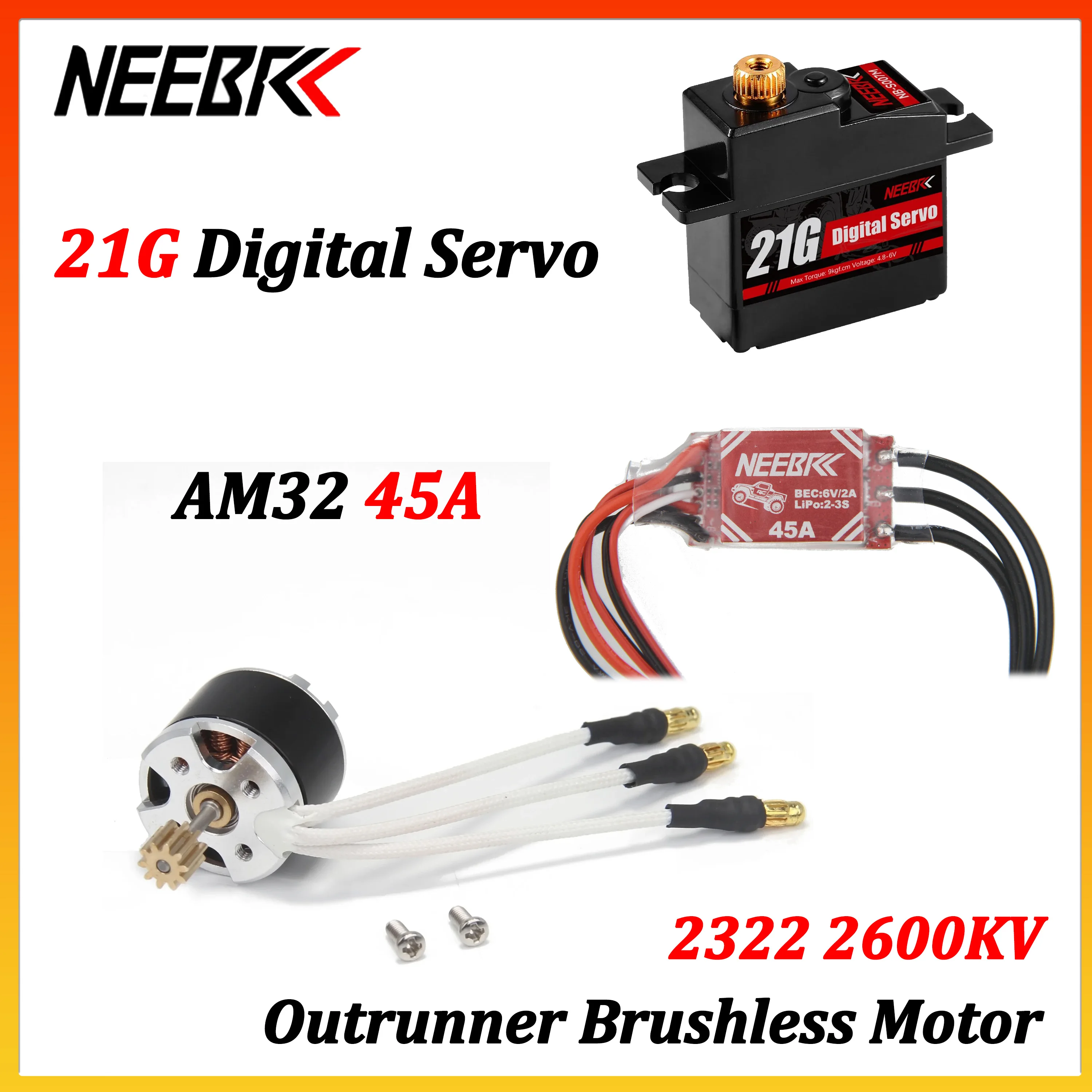 NEEBRC 2322 2600KV Brushless Motor Outrunner W AM32 45A ESC SM3.0 Plug W 21G Servo Combo for 1/12 RC Car MN82 MN99S MN168 MN78