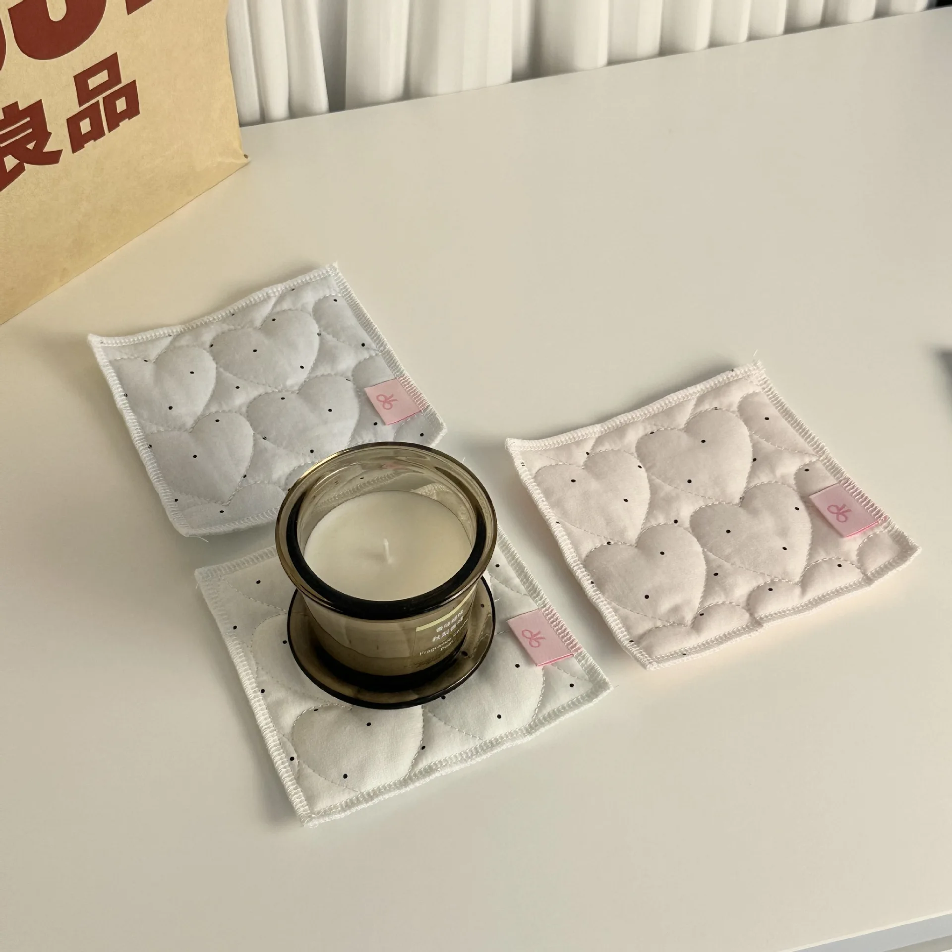 Kawaii Double Sided Quilted Coaster Ladies Heart Stitch Dot Cloth Cup Pad Reversible Plaid Table Protection Coffee Mug Coaster - view 4