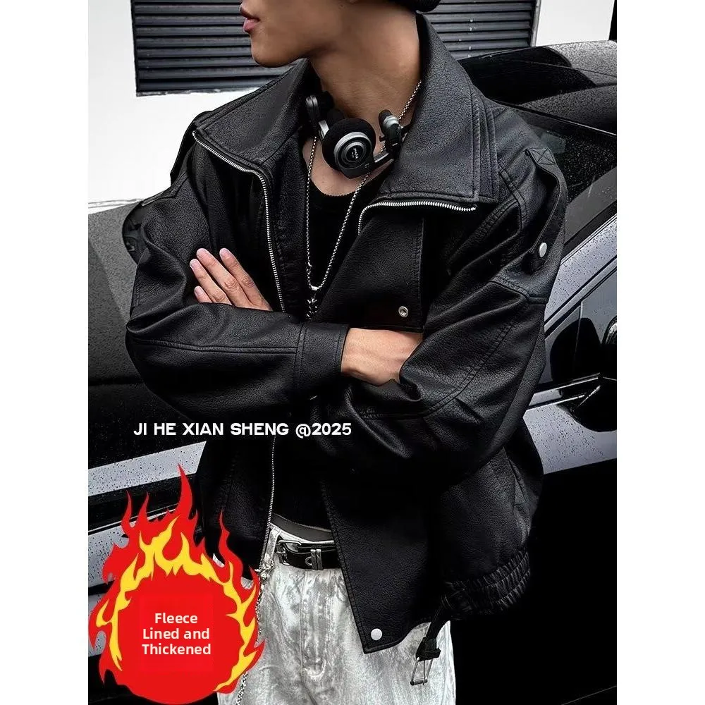 

Мужская модная куртка из искусственной кожи с воротником-стойкой, в стиле мотоциклетной, повседневная, для уличной носки, весенняя, с длинными рукавами, прямым подолом, джинсовая