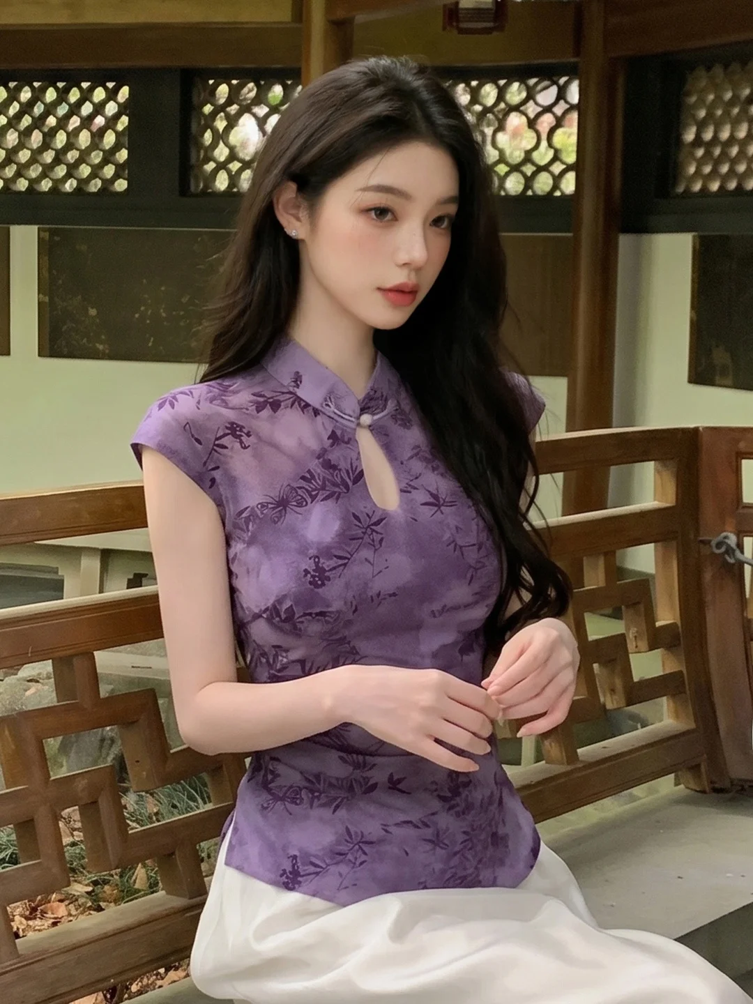 New Chinese Style Stand Collar Hollow out Short Sleeve Button up Top Women Summer Spicy Retro Slim Fit Asymmetrical T-Shirt