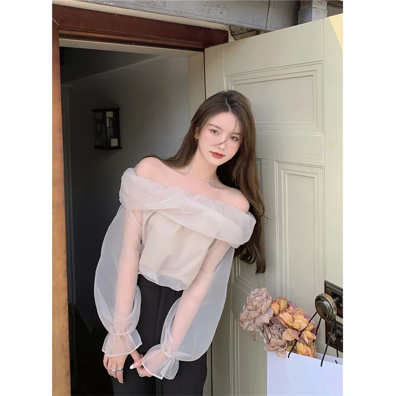 

MEXZT Slash Neck Shirts Women Sweet Mesh Off Shoulder Blouses Office Lady Korean Fairy Elegant Puff Long Sleeve Slim Chic Tops
