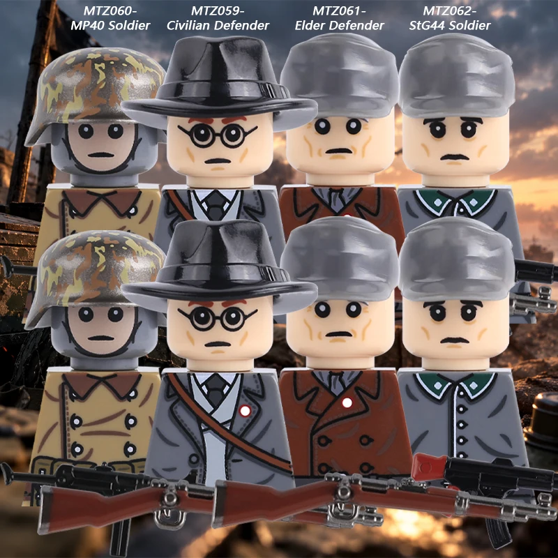 German Historical Soldier Infantry Warrior Civilian Defender Elder Guard Uniform Helmet Rifle MP40 Building Blocks Bricks Toys