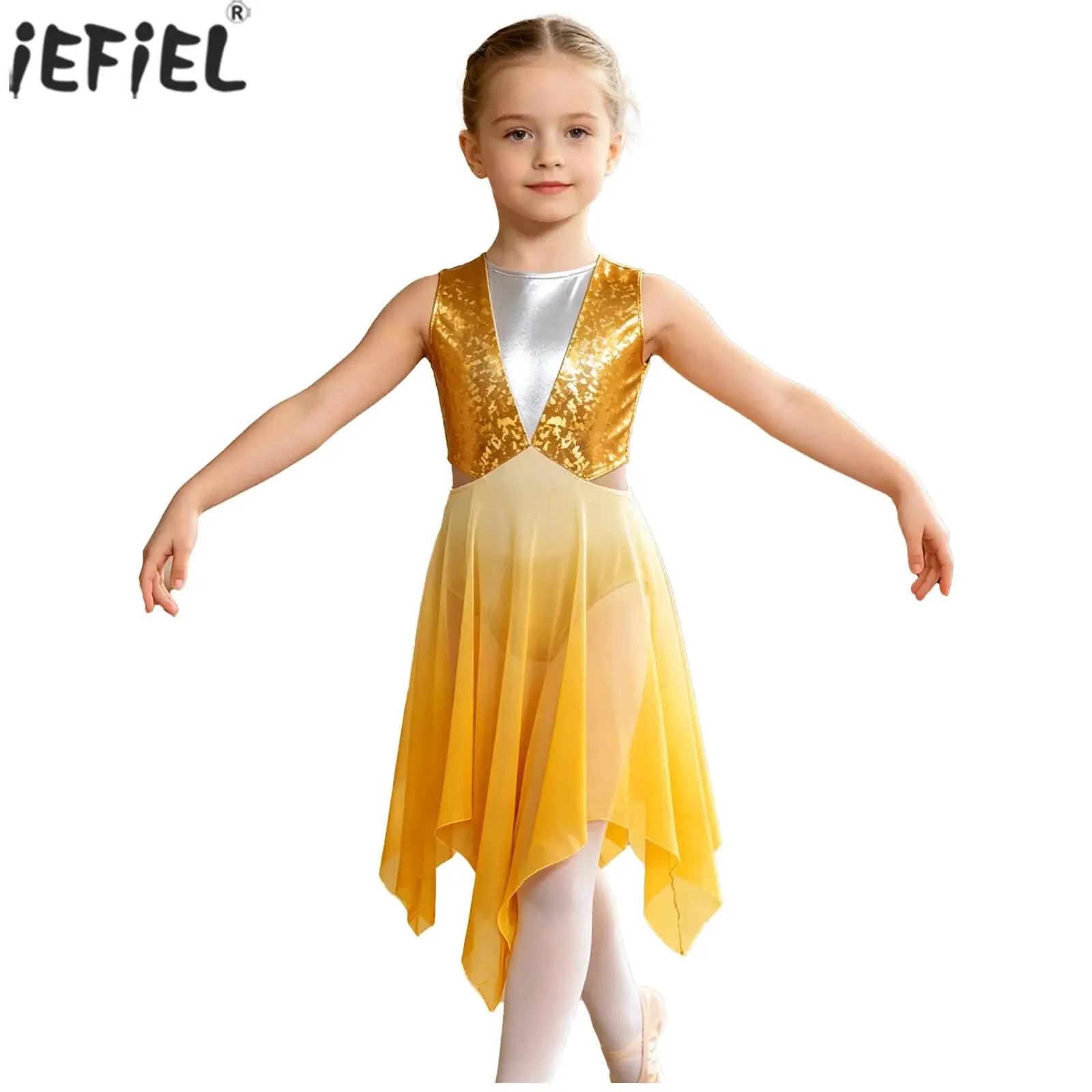 Kids Girls Lyrical Dance Dress Sleeveless Metallic Bodice Mesh Gymnastics Leotard Choir Praise Worship Contemporary Dancewear