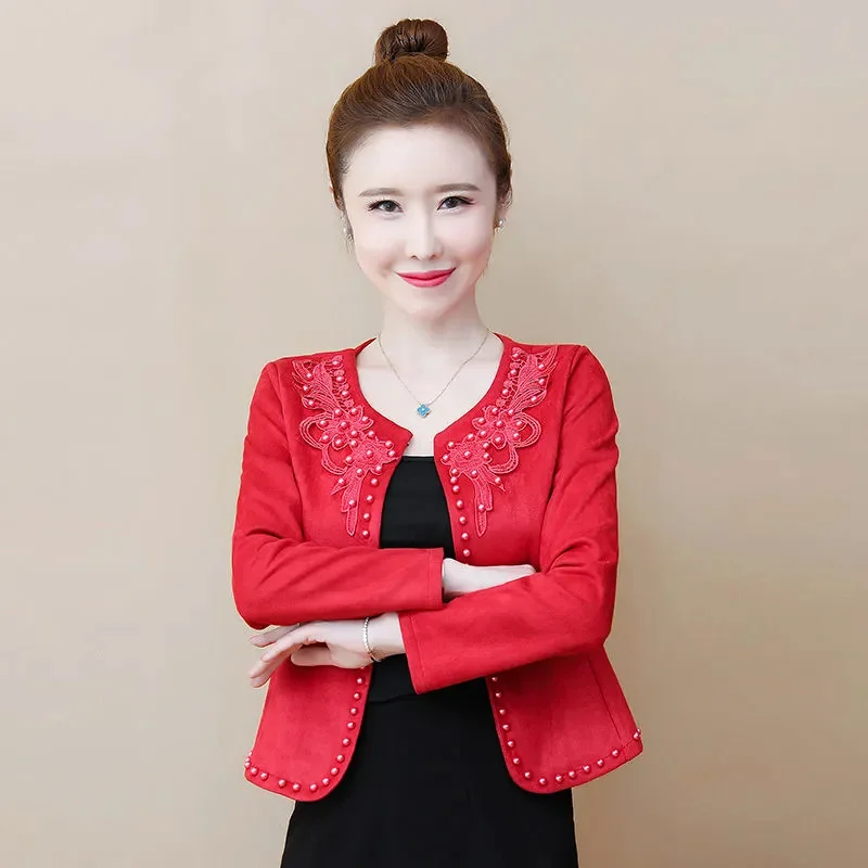 Spring Autumn Short Pure Colour Suits Jacket Women 2024 New Round Collar Coat Fashion Nail Bead Cardigan Blazer Outwear Female