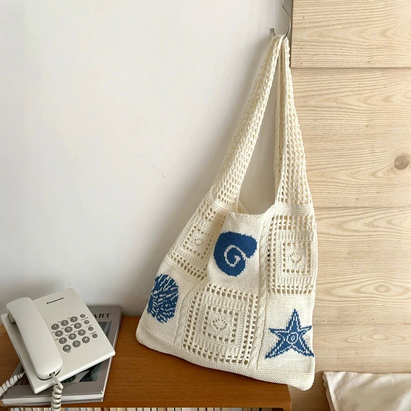 Designer-Stricktaschen mit großem Fassungsvermögen, Damen-Sommer-Strandtasche, lässige, hohl gewebte Unterarm-Umhängetasche – Detail 13