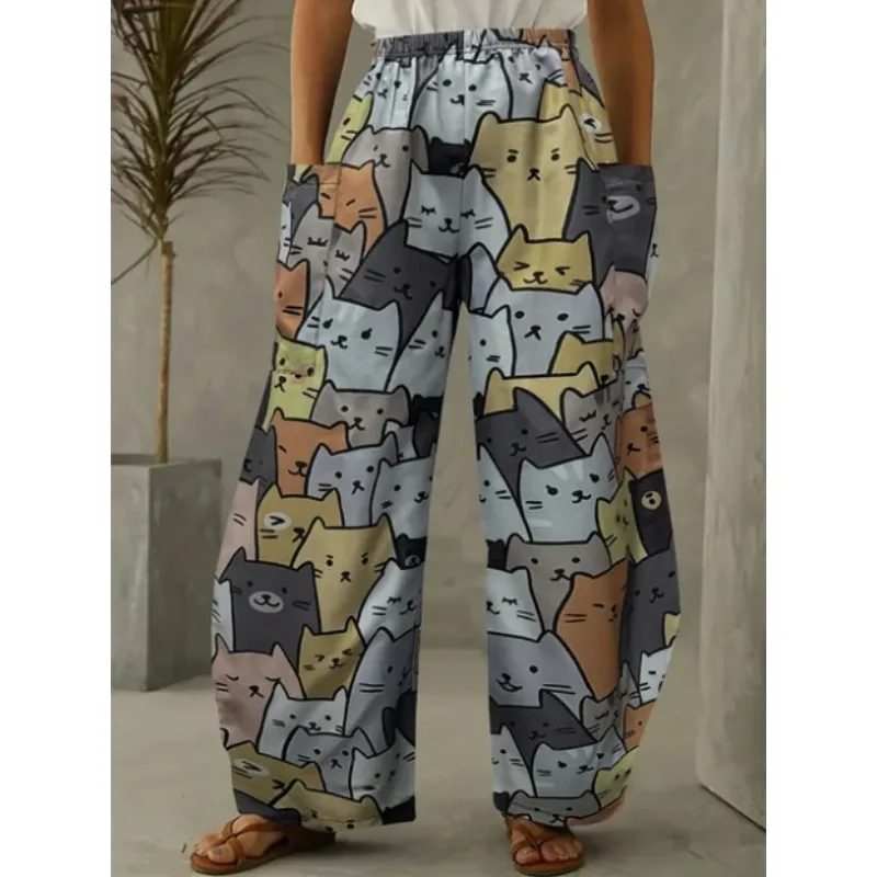 مانديلا القط نمط عارضة السراويل واسعة الساق خمر لطيف الحيوان الصيف السراويل مضحك لينة فضفاضة جيب كبير السراويل النسائية الكلاسيكية