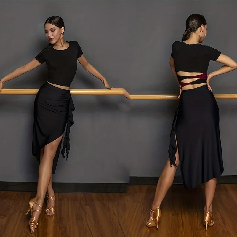 

Women's Latin Dance Top Long Sleeved Hip Hugging Short Skirt Backless Practice Training T-shirt Ballroom Dancer Ballroom Dance