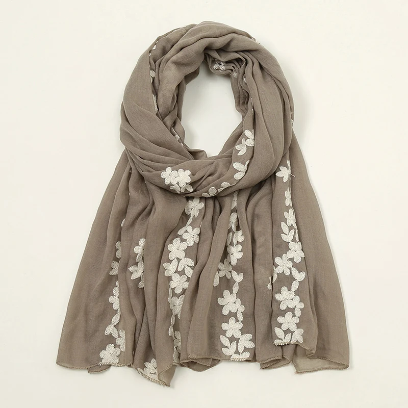 Elegant Embroidery Floral Scarf Shawls Muslim Woman Hijab Lady Viscose Shawl Soft Solid Color Long Wraps Casual Stole Headband