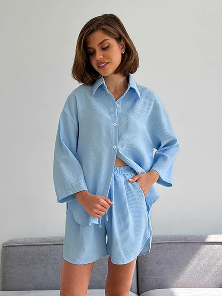 Marthaqiqi Autumn Home Clothes Women Long Sleeve Nightgowns Turn-Down Collar Sleepwear Shorts Causal Ladies Pajamas 2 Piece Sets