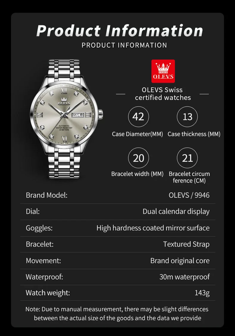 OLEVS Luxury Wach for Men Diamond Dial Dual Calendar Display Fashion Classic Waterproof Men\'s Automatic Mechanical Watches New