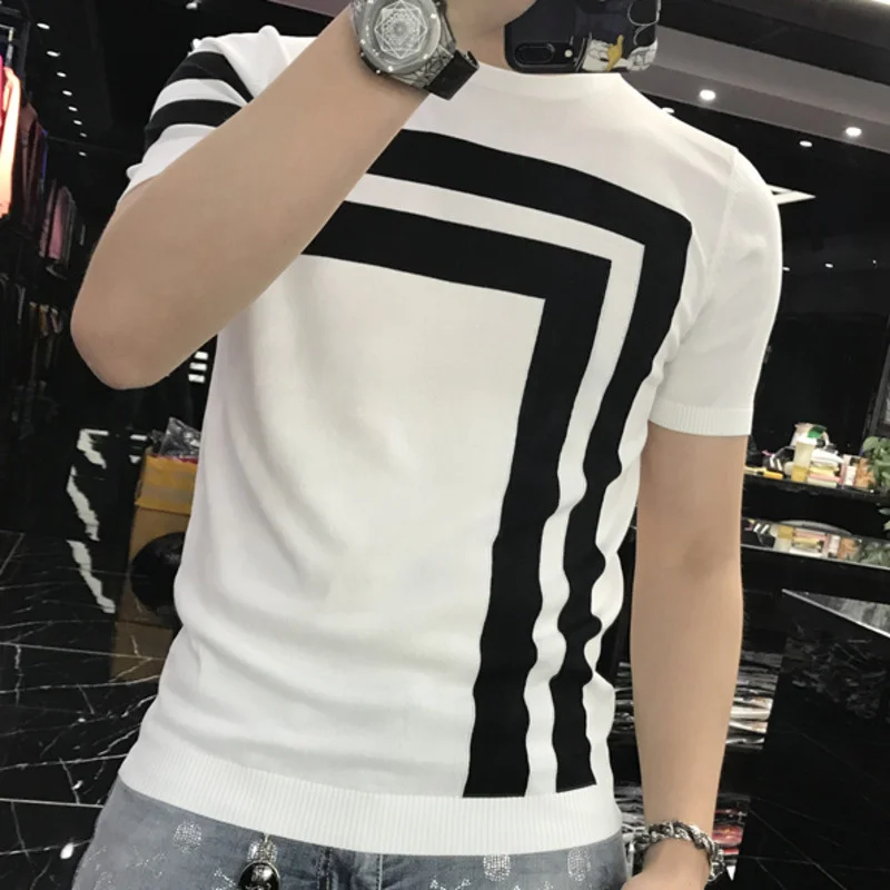 2022 Summer Patchwork Color Slim Fit Knitted T Shirt Men O-Neck Stretched Tee Shirt Homme Streetwear Fashion Men Casual T-Shirt