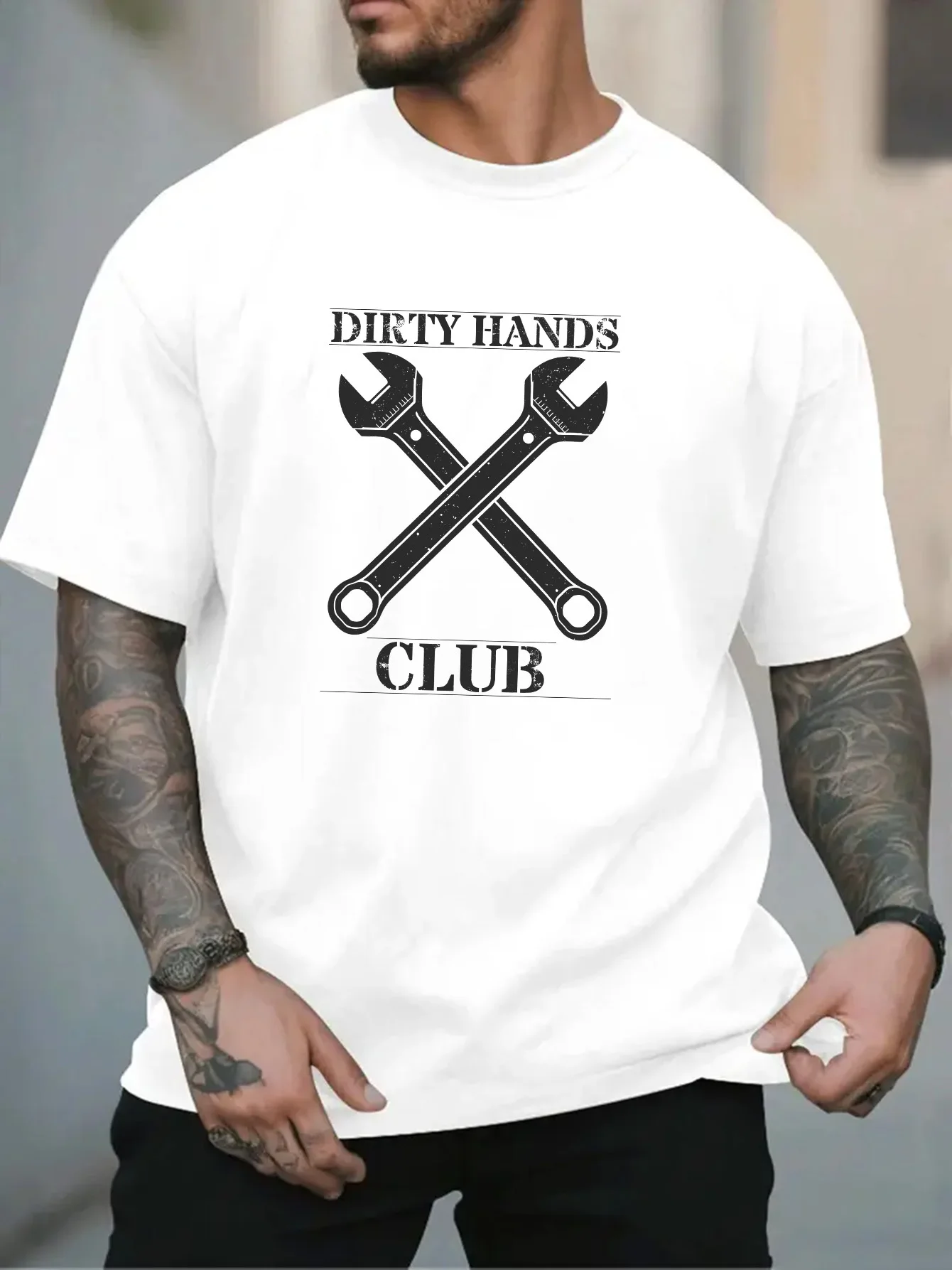 Men Black Crew Neck Tee Crossed Wrenches Dirty Hands Club Distressed Print Mechanic Repair Worker Casual Cotton Male Tops