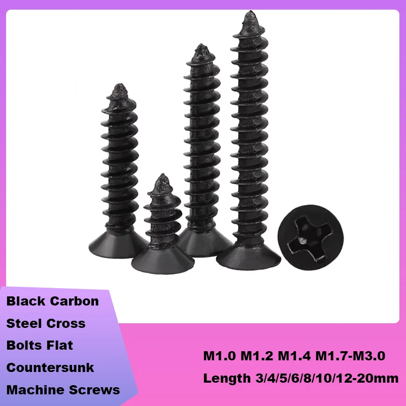 Black Carbon Steel Cross Bolts Flat Phillips Countersunk Machine Screws M1.0 M1.2 M1.4 M1.7-M3.0 Length 3/4/5/6/8/10/12-20mm
