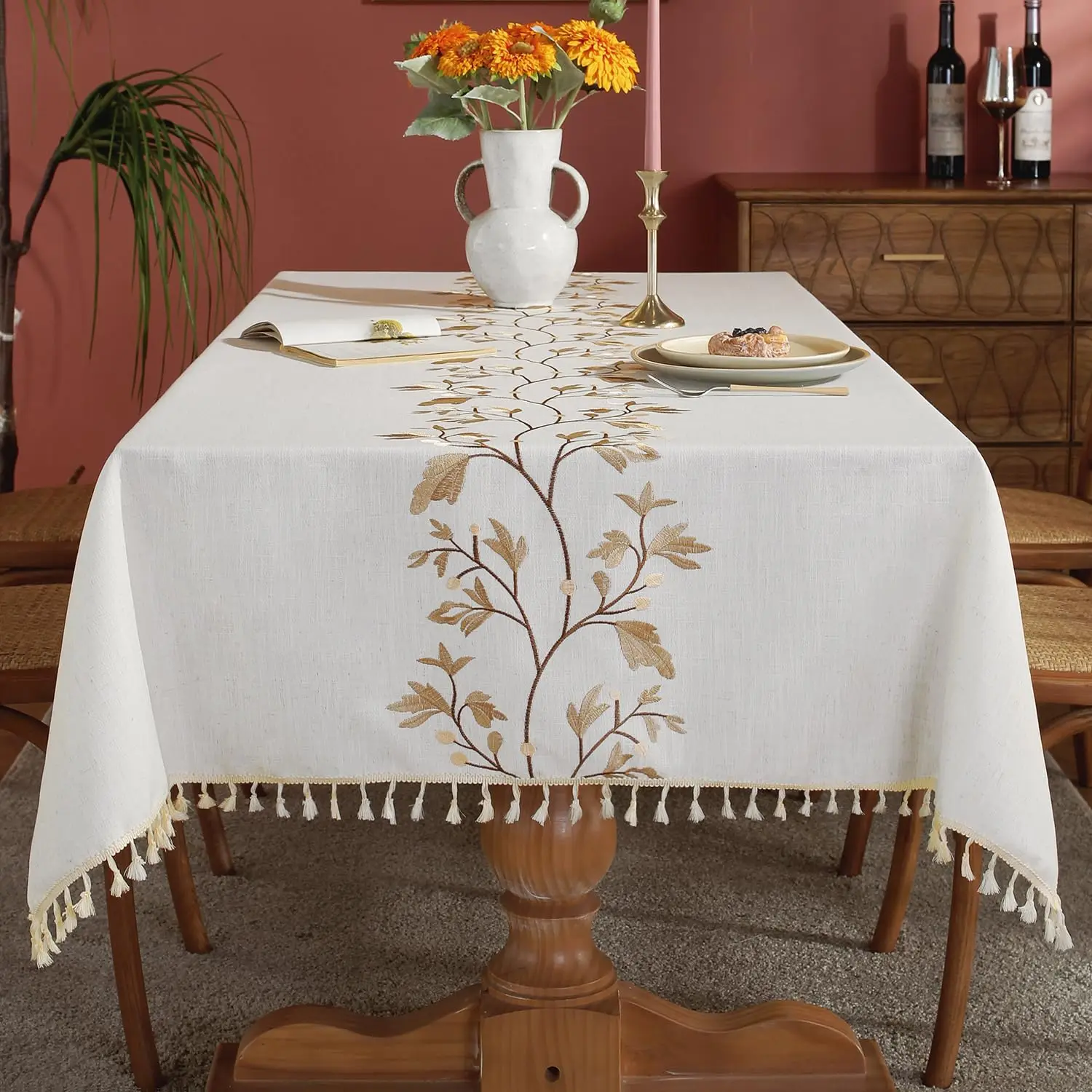 Cotton Linen Tablecloth for Dining Table Rustic Farmhouse Kitchen Rectangle Table Cloth With Tassels Washable  Table Cover