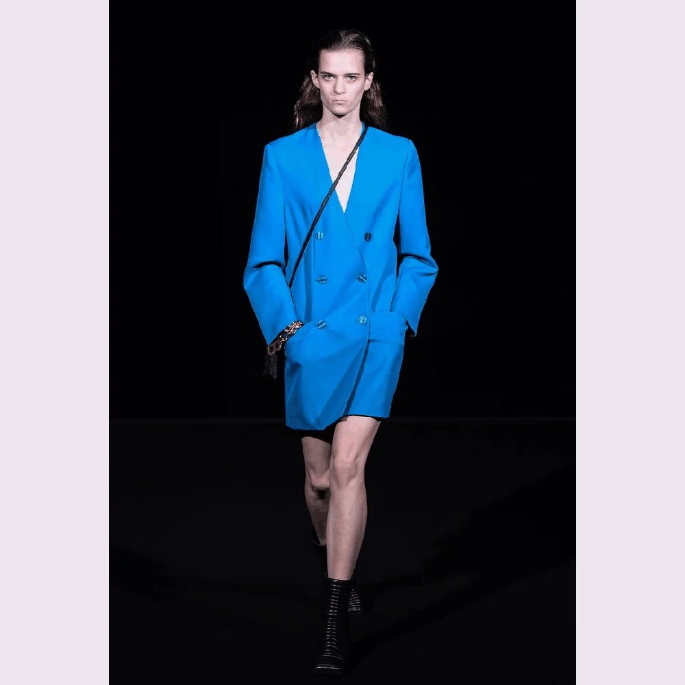 Blue Double Breasted V-Neck Women's Jacket Fashion Basics Formal Casual Office Lady Long Coat Slim Fit Only 1 Blazer