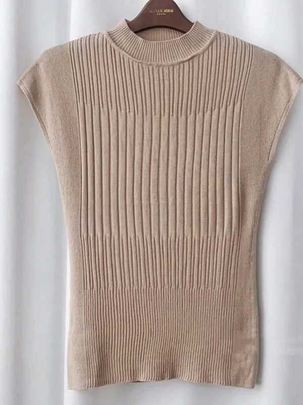 Camiseta de Punto de Manga Corta con Cuello Redondo Simple para Mujer, Primavera Verano 2023, Color Liso, Corte Recto, Estilo Básico y Versátil