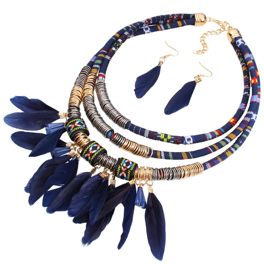 

Vintage Bohemian Necklace Multilayer Alloy Material Feather Tassel Necklace Feather Earrings Fashion Ethnic Jewelry Set