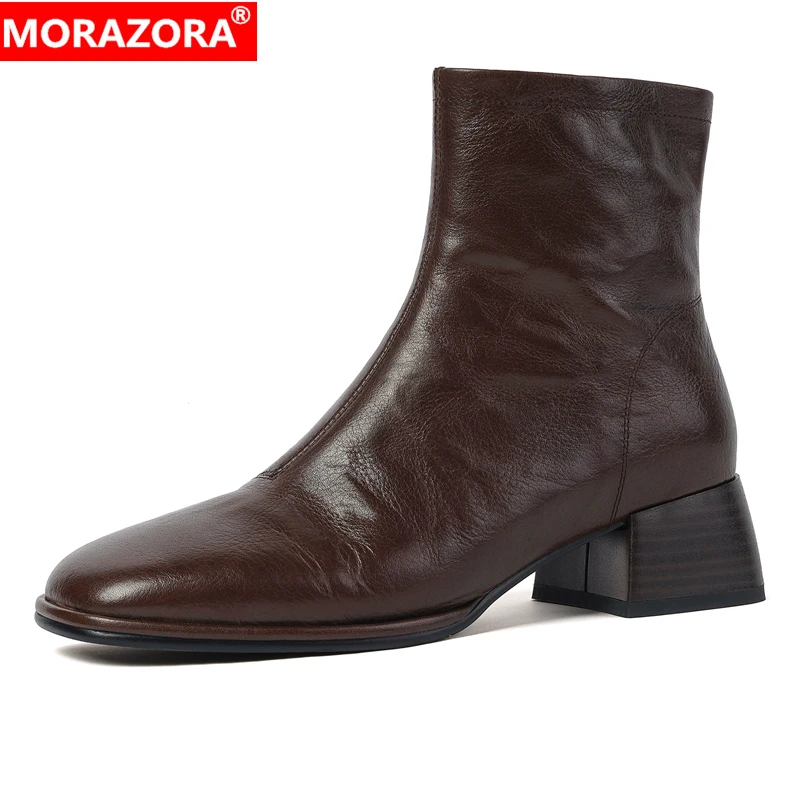 

MORAZORA Plus Size 34-42 New Genuine Leather Boots Women Zipper Square Mid Heels Autumn Winter Boots Handmade Ladies Ankle Boots