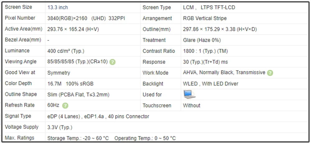 13.3 inch LCD Screen Laptop Panel IPS Slim EDP 30pins 4K UHD 3840x2160 60Hz Non-touch 100% sRGB B133ZAN02.1