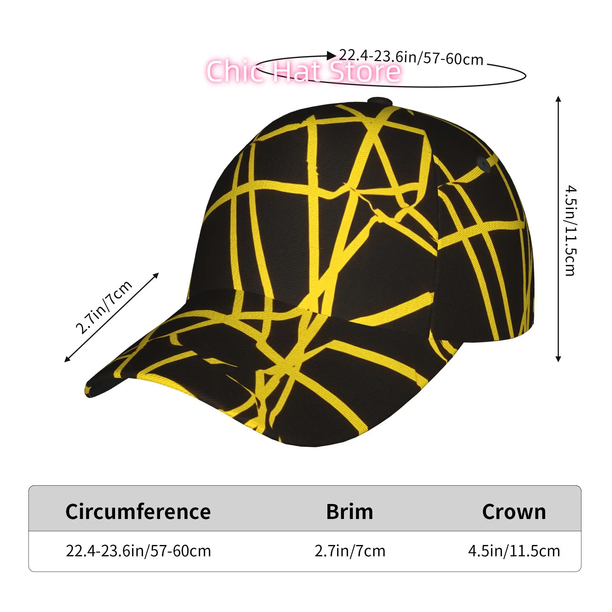 Yellow Lines on Black Background, Fashionable Printed Baseball Cap, Curved Brim Baseball Cap, Sports Running Cap, Adjustable Bas