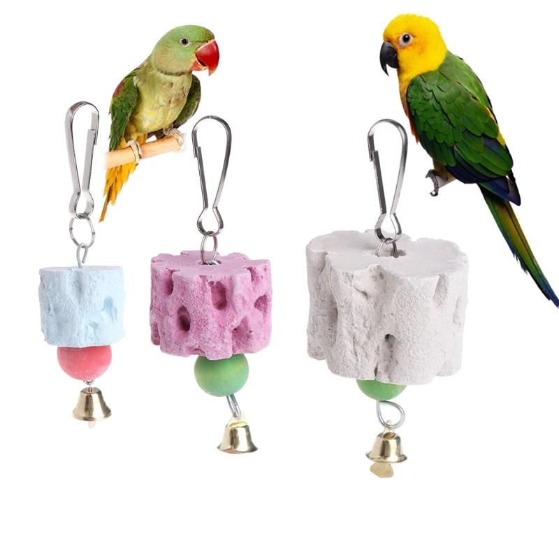 Piedra calcio con molienda para pájaros, juguetes para masticar minerales con campana, para conejitos y loros, envío