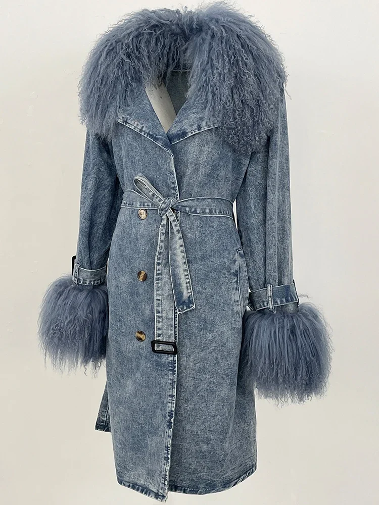 جديد 2025 معطف الشتاء الإناث النساء ريال منغوليا الأغنام الفراء الدنيم سترة كبيرة ريال الفراء طوق الملابس حزام طويل الجينز سترة