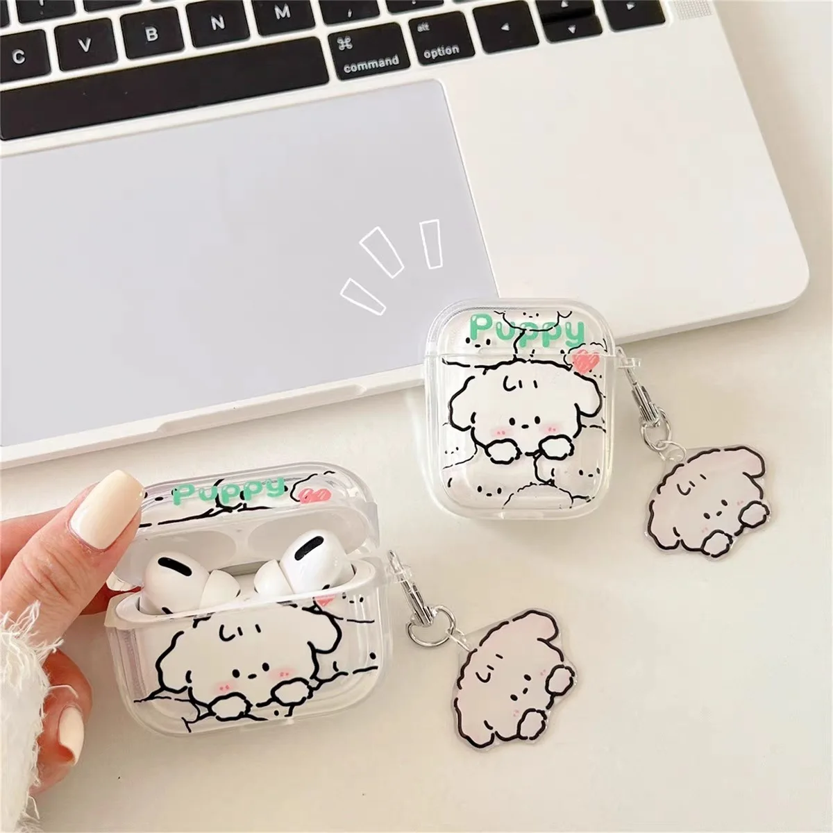 Étui de protection pour AirPods Pro 1 2, chien de dessin animé chiot, étui pour écouteurs Sweet Pearl avec porte-clés, housse transparente pour Air Pods