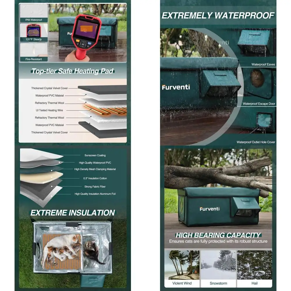 

Зимнее изолированное укрытие для кошек на открытом воздухе, устойчивое к атмосферным воздействиям с водонепроницаемыми карнизами и дверью для спасения для бродячих кошек (темно-зеленый, 25,6x16,5x1