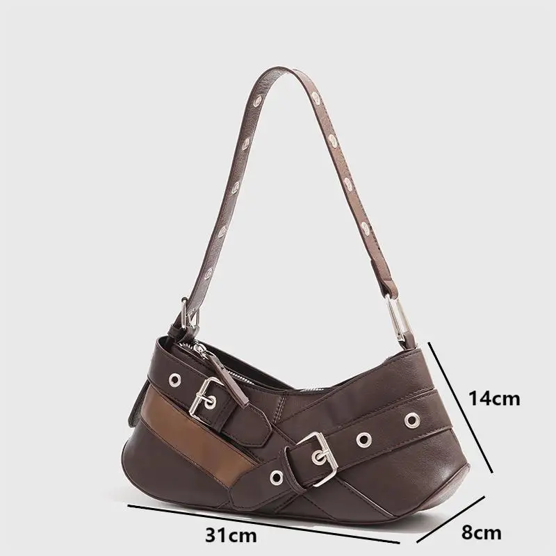 Vintage Black PU Leather Women\'s Shoulder Bags Y2K Style Hot Girls Brown Underarm Bag Goth Punk Moto Female Fashion Handbags