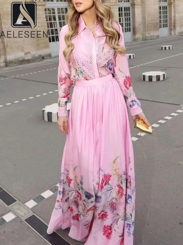 AELESEEN Bohemian Spring Autumn 2 Pieces Set Women Pink Blue Flower Print Blouse + Long Skirt Elegant Party Holiday Set