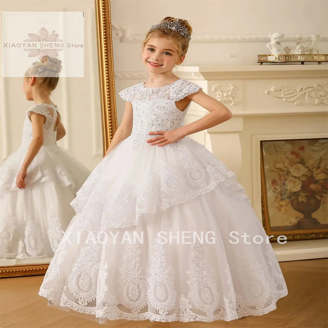 

White Fower Girl Dresses For Wedding Cap Sleeves Pagenat Dress Long Toddlers Beaded Lace Applique First Communion Gowns