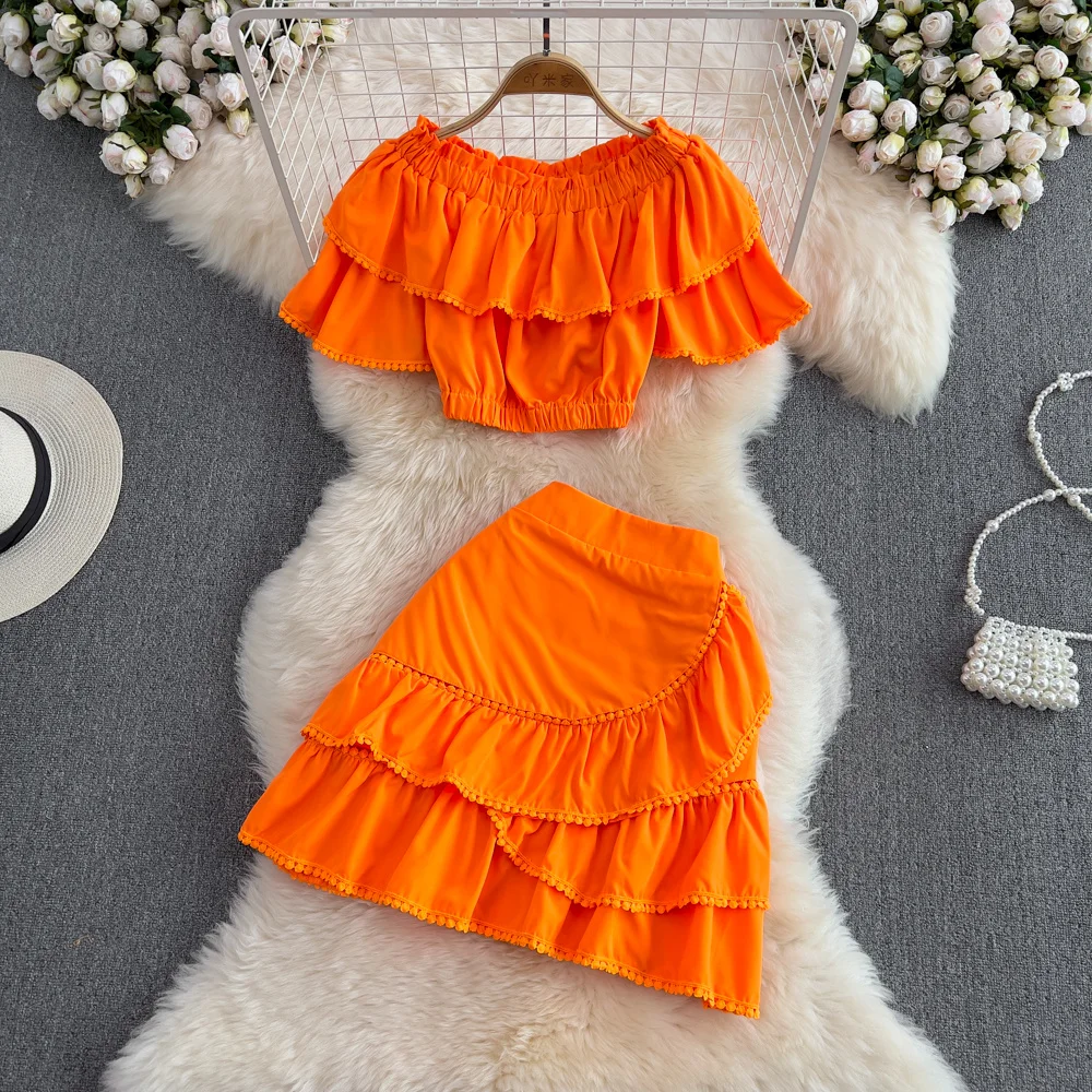 Short Top And Mini Skirt Set Fashion Women's Ruffled Slash Neck Off-shoulder Pullover Shirt And Mini Short Pleated Skirt Summer