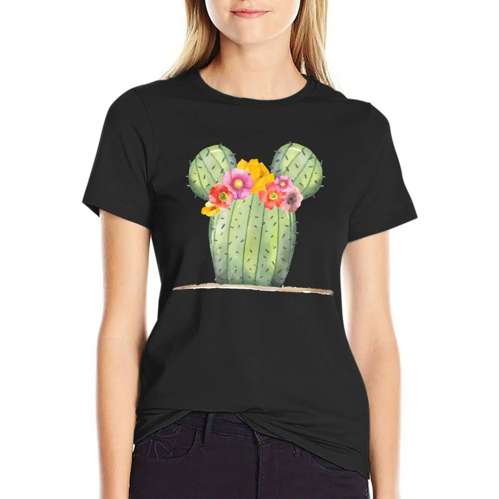 Mouse Cactus with Floral Crown T-Shirt summer tops tees woman t shirt