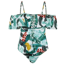 Ruffled Off Shoulder Swimwear Women One Piece Swimsuit With Removable Padding Backless Printed Monokini Beachwear Bathing Suit