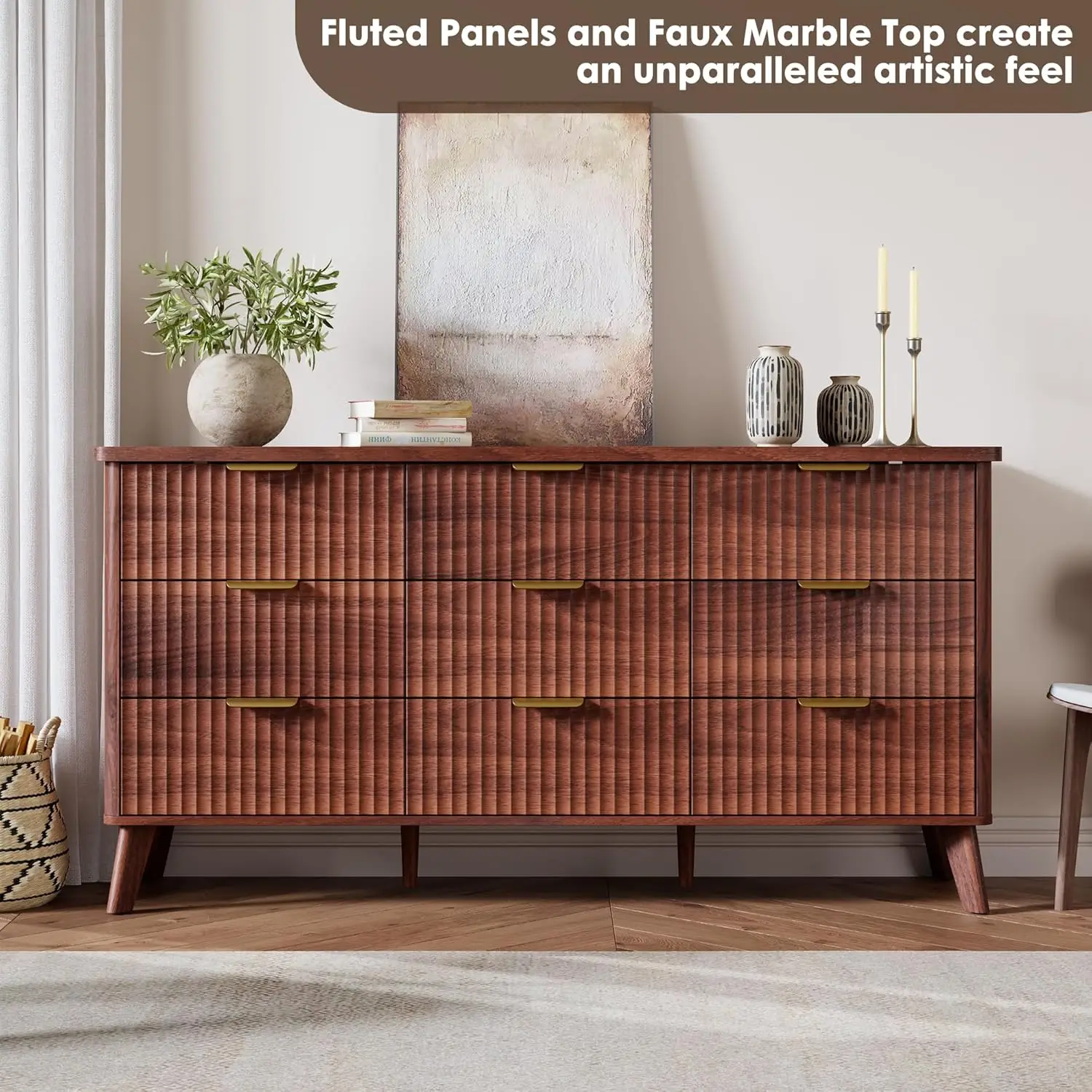 Walnut Wooden 9 Deep Drawer Fluted Dresser with Curved Profile for Bedroom, Living Room, Kids Room, Hallway view 4