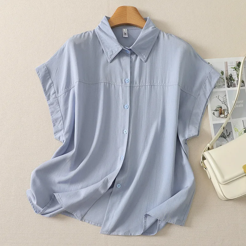Women Solid Shirt Basic Tops Short Batwing Sleeves Turn Down Collar Single Breasted Thin Loose Office Lady Casual 2026 Summer
