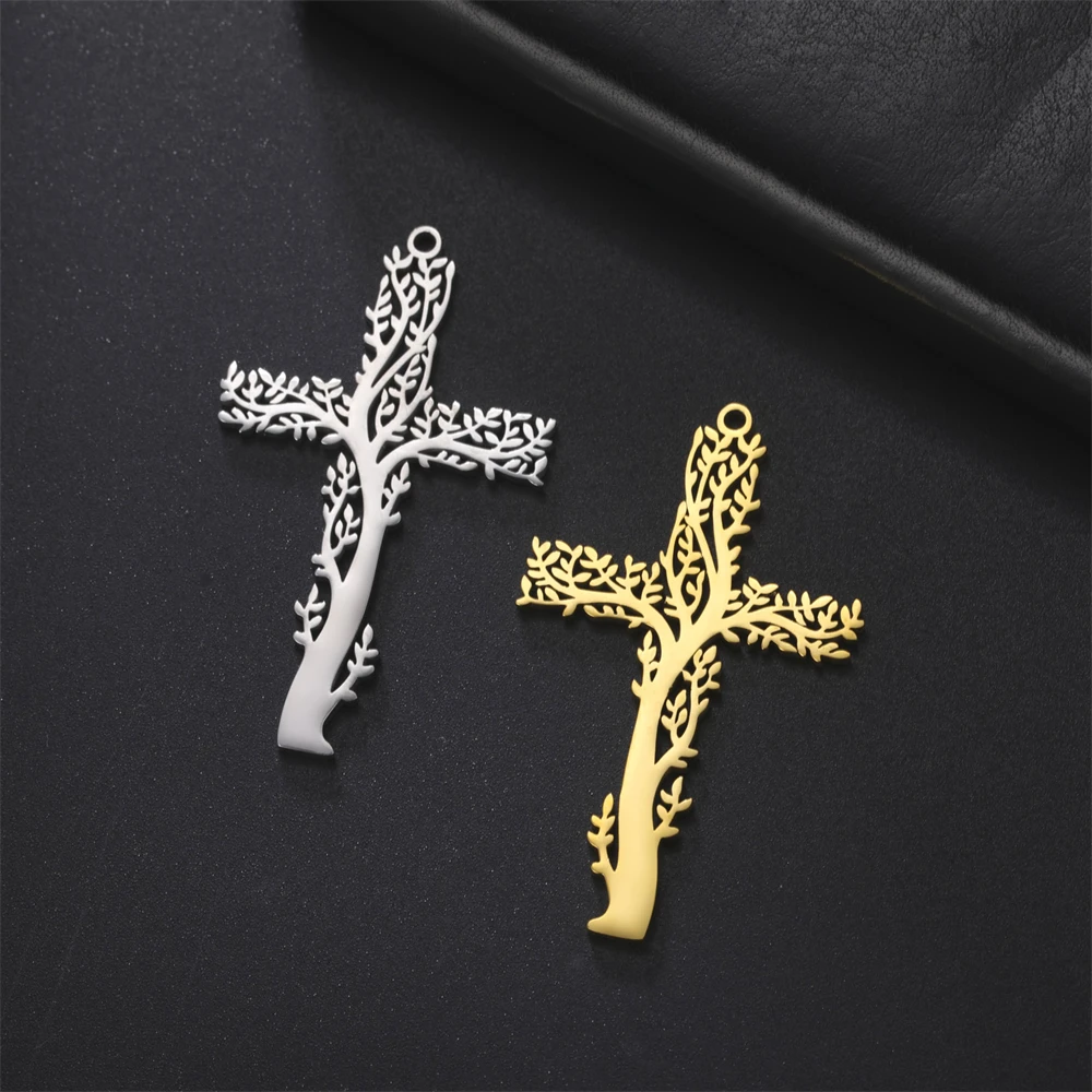Hurtownia krzyży ze stali nierdzewnej w kształcie drzewa Charms do tworzenia biżuterii naszyjnik Diy kolczyki wisiorki akcesoria 34x56mm