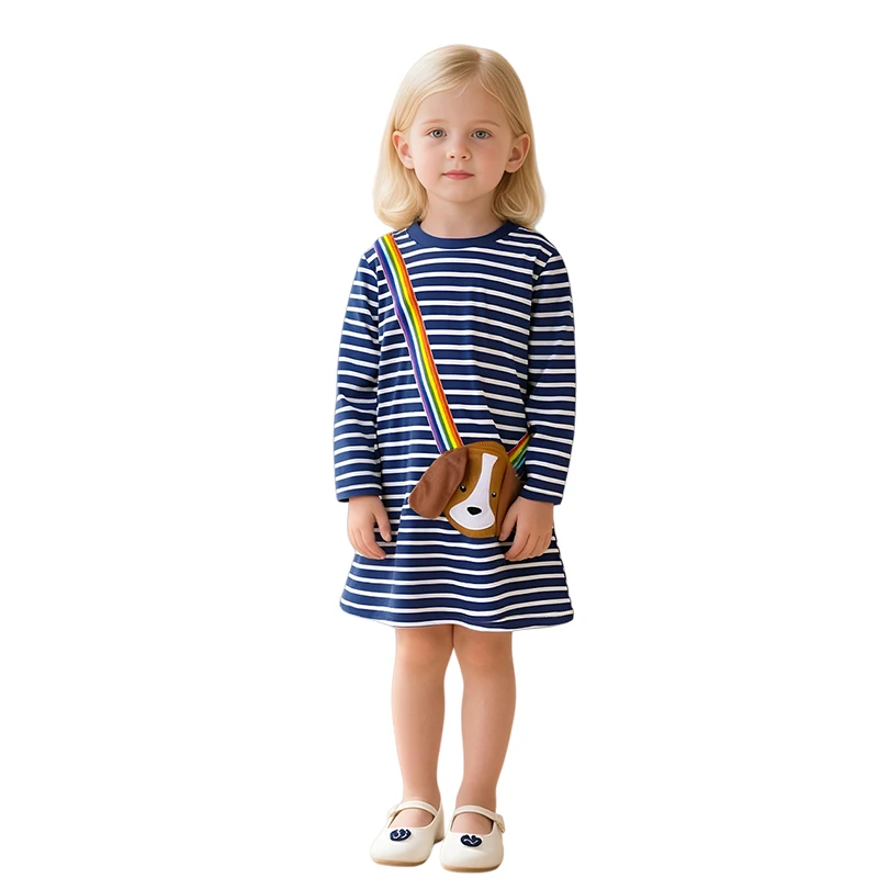 

Dog Bag 2-7T Long Sleeve Striped Girls Dresses Autumn Spring Toddler Baby Clothes Princess Girls Frock Costume