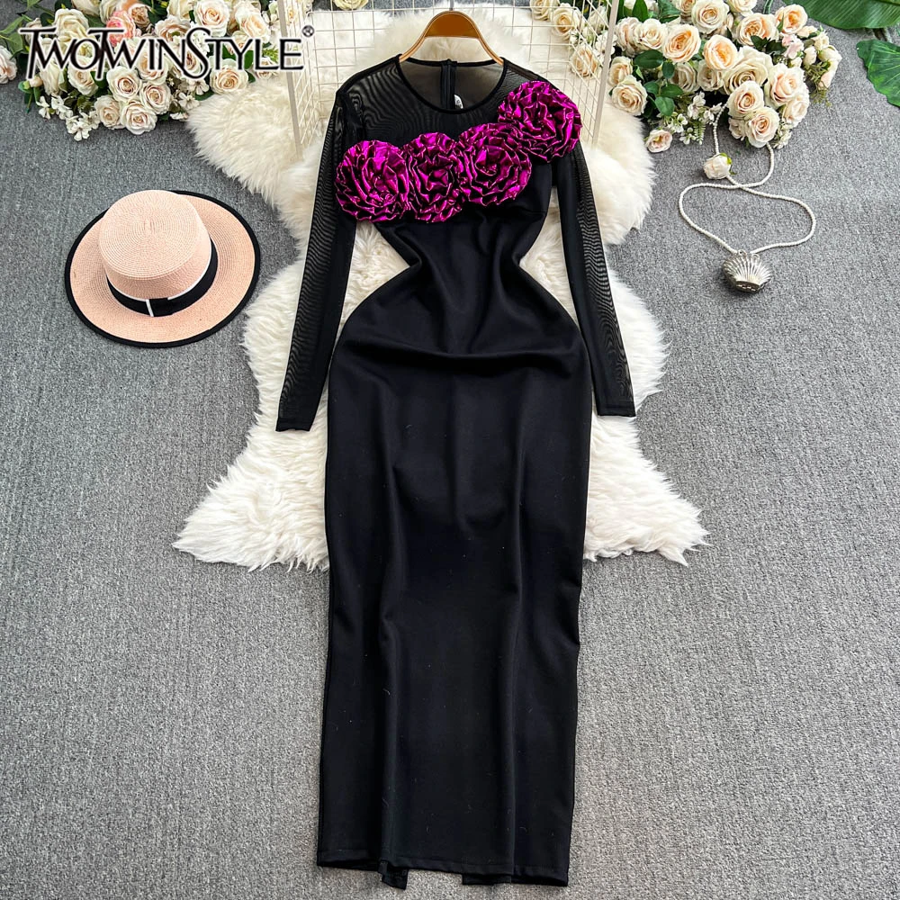 TWOTWINSTYLE Patchwork Appliques Dress For Women Round Neck Long Sleeve High Waist Slimming Temperament Dresses Female KDR518065