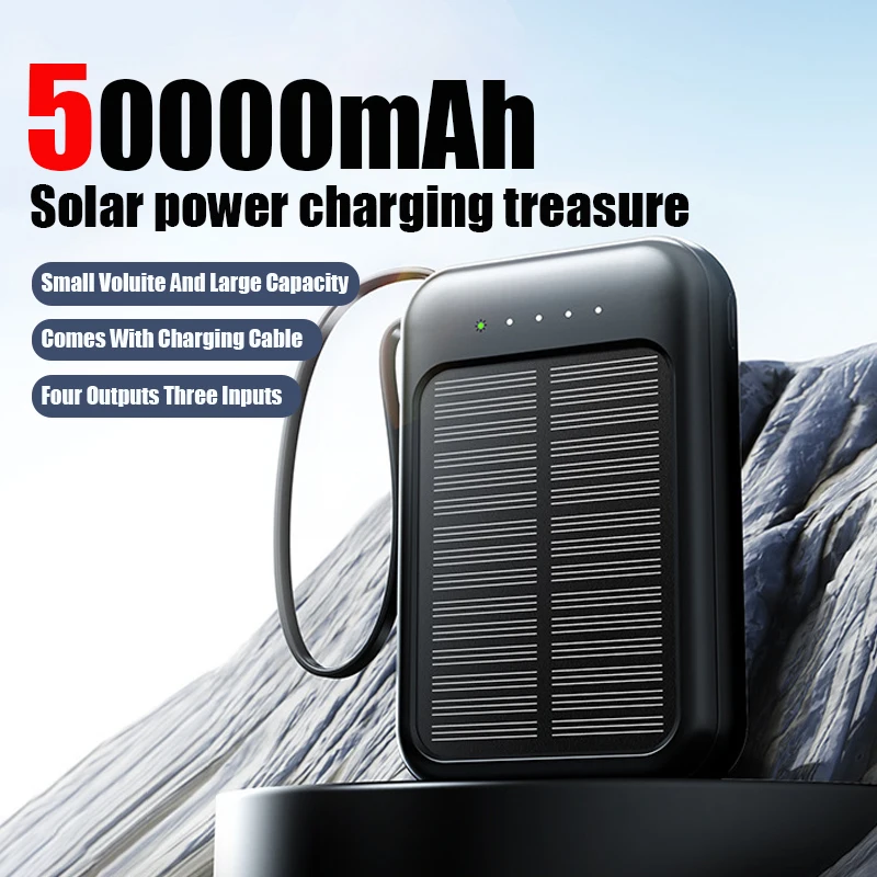 50000mAh Solar Power Bank With Built-In Cable Fast Charger 2 USB Ports External Charger And LED Light For Iphone Samsung Xiaomi